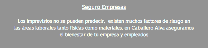 Seguro Empresas Los imprevistos no se pueden predecir, existen muchos factores de riesgo en las áreas laborales tanto físicas como materiales, en Caballero Alva aseguramos el bienestar de tu empresa y empleados 